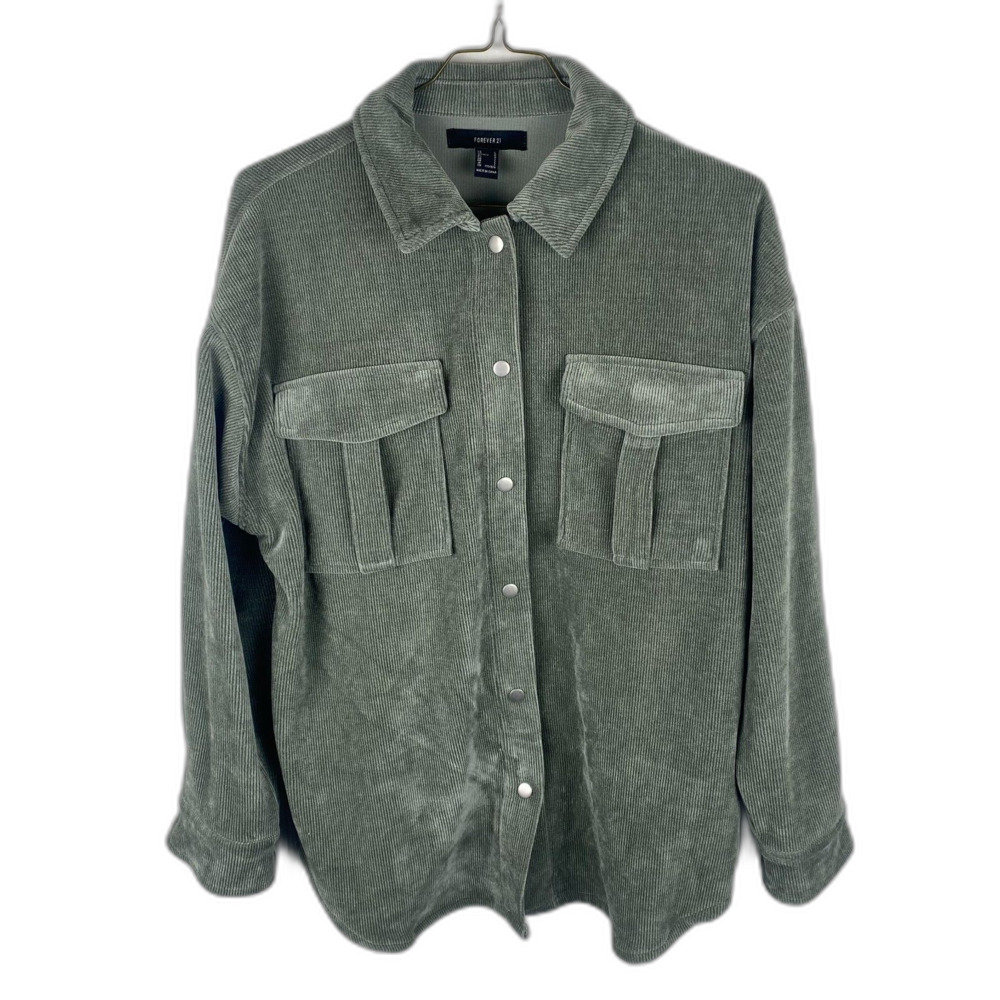 Forever 21 Men's Large Corduroy Button Up Jacket Oversized Baggy Green Coat